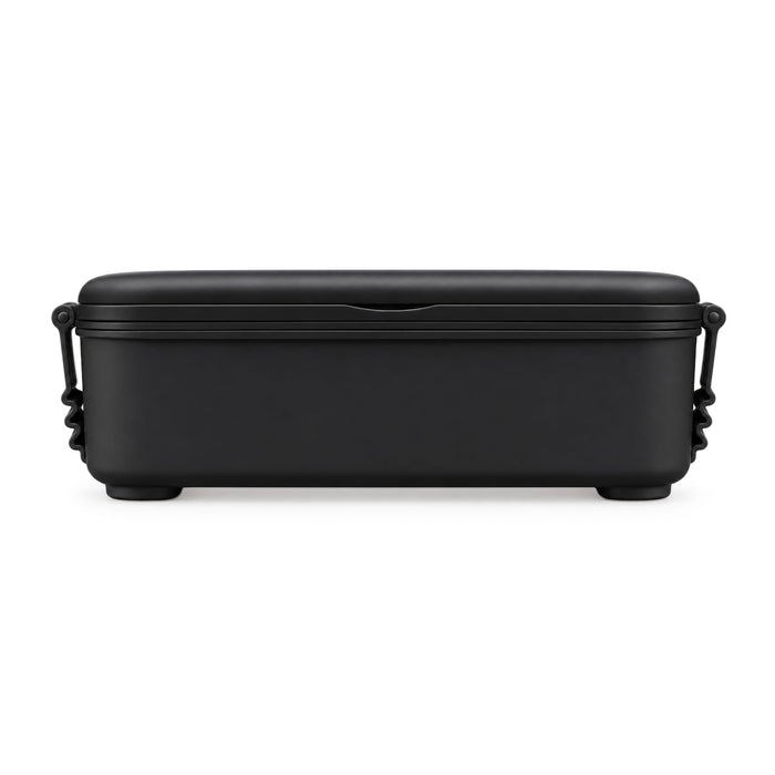 Meridian Double Tray Lunchbox - A black lunchbox with a removable lid and sturdy handles, featuring a sleek and minimalist design.