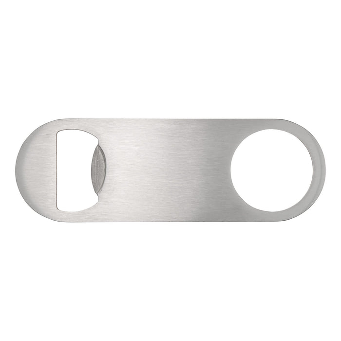 The Knock Off Pack - A drink bottle opener in stainless steel with a sleek, minimalist design and a circular opening for gripping.