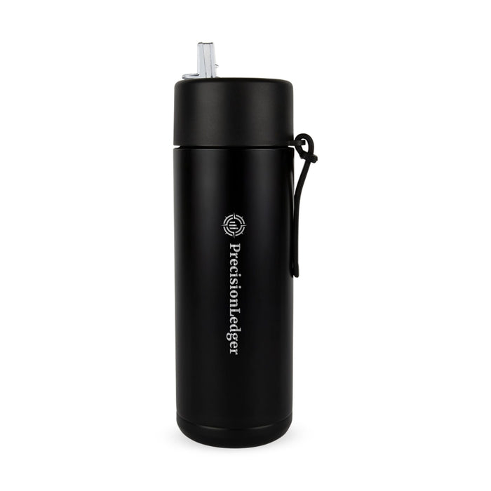 The Daily Setup - A drink bottle in matte black, featuring a logo and a flip-top lid with a straw.