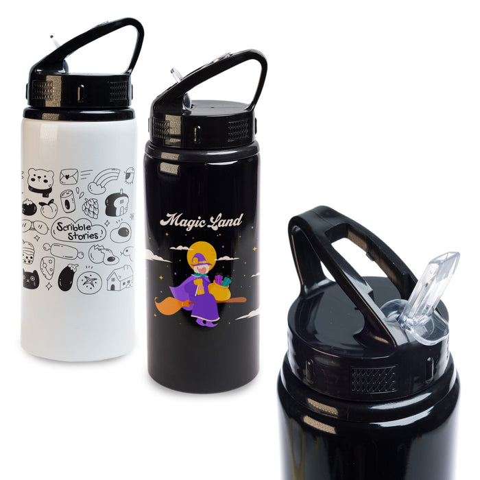 Amore 500ml Junior Bottle - Flip Straw Lid - A drink bottle with a flip straw lid, available in black and white designs featuring various illustrations.