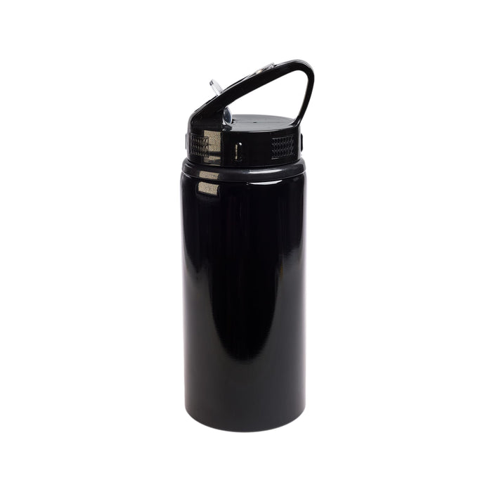 Amore 500ml Junior Bottle - Flip Straw Lid - A drink bottle in black with a flip straw lid and a handle, featuring a logo or branding.