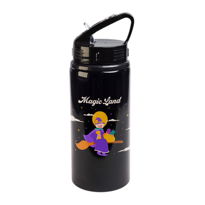 Amore 500ml Junior Bottle - Flip Straw Lid - A drink bottle in black featuring a character from "Magic Land" with a flip straw lid.