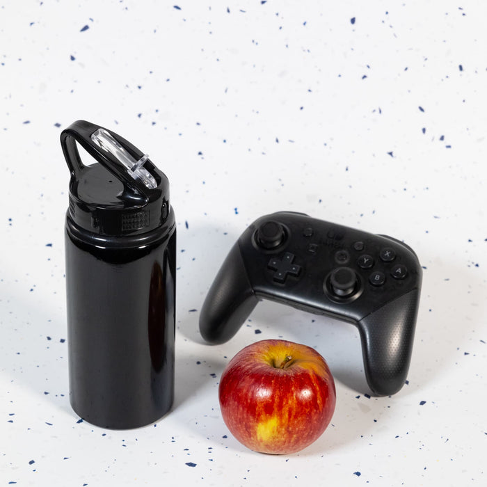 Amore 500ml Junior Bottle - Flip Straw Lid - A drink bottle featuring a flip straw lid, alongside a red apple and a black gaming controller.