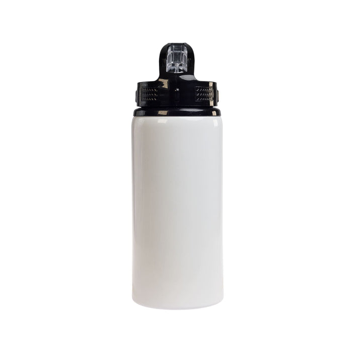 Amore 500ml Junior Bottle - Flip Straw Lid - A drink bottle in white with a black flip straw lid and a logo on the side.