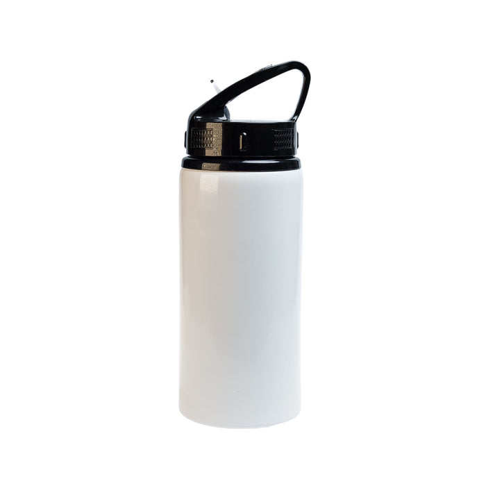 Amore 500ml Junior Bottle - Flip Straw Lid - A drink bottle with a black flip straw lid and a sleek white body. It features a handle for easy carrying.