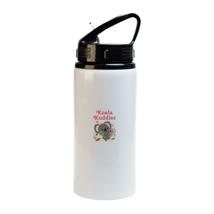 Amore 500ml Junior Bottle - Flip Straw Lid - A drink bottle in white with a black flip straw lid and a cute koala design featuring the text "Koala Kuddles."