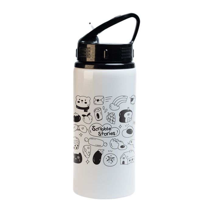 Amore 500ml Junior Bottle - Flip Straw Lid - A drink bottle in white with black illustrations and a black flip straw lid, featuring a logo.