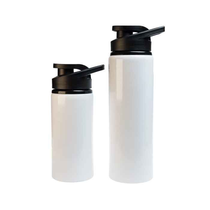 Amore 500ml Junior Bottle - Free Flow Lid - A drink bottle set featuring a white finish and a black free flow lid, includes two sizes. One bottle is larger than the other.