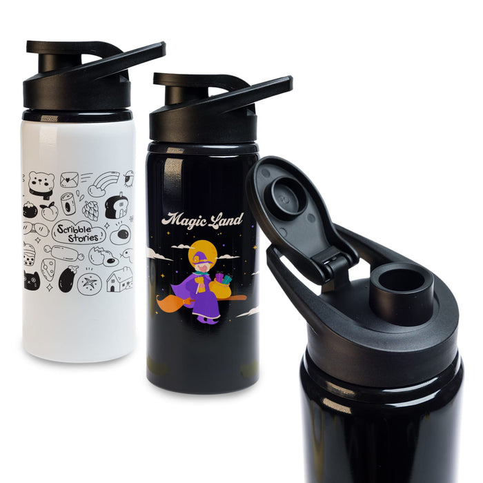Amore 500ml Junior Bottle - Free Flow Lid - A drink bottle featuring a white design with various illustrations, a black bottle with a character, and a lid.