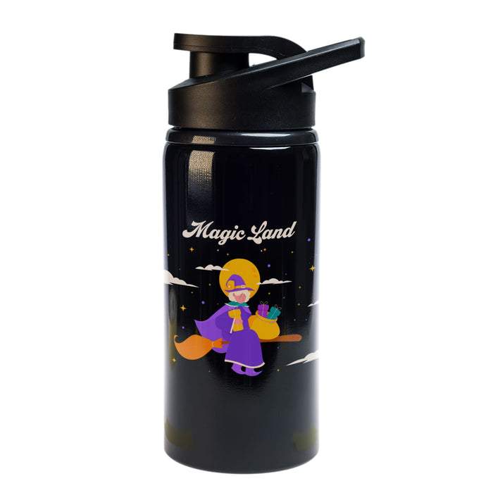 Amore 500ml Junior Bottle - Free Flow Lid - A drink bottle in black with a free flow lid, featuring a whimsical character and colorful design.