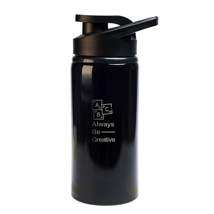 Amore 500ml Junior Bottle - Free Flow Lid - A drink bottle in black with a free flow lid and a design featuring a logo and motivational text.