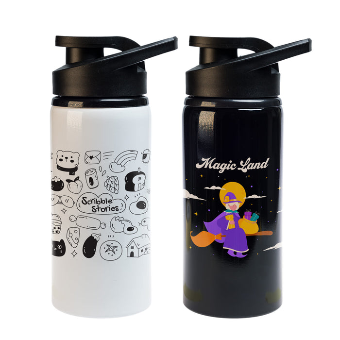 Amore 500ml Junior Bottle - Free Flow Lid - A drink bottle featuring a white design with sketches on one side and a black side with a colorful character illustration.