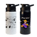 Amore 500ml Junior Bottle - Free Flow Lid - A drink bottle featuring a white design with sketches on one side and a black side with a colorful character illustration.