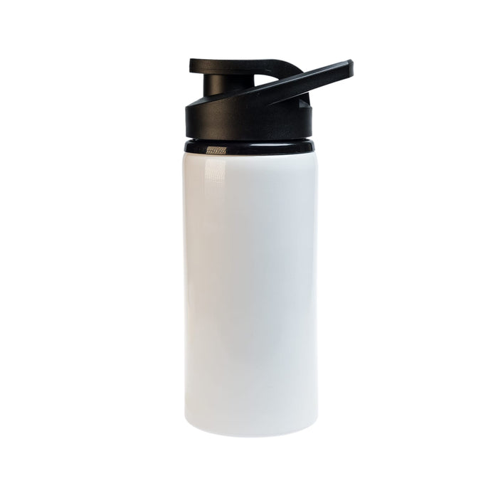 Amore 500ml Junior Bottle - Free Flow Lid - A drink bottle in white with a black free flow lid and a branding logo on the side.