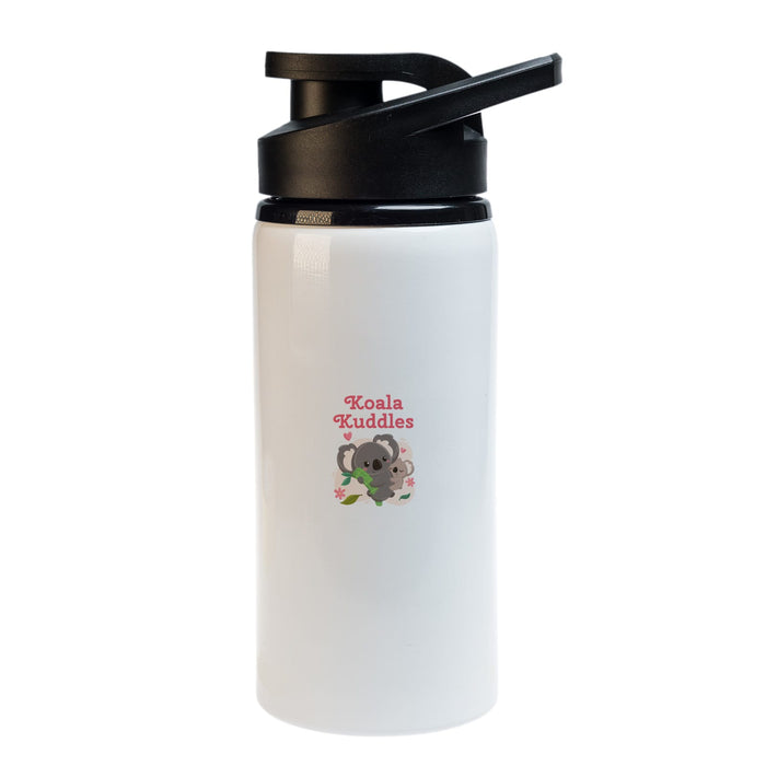 Amore 500ml Junior Bottle - Free Flow Lid - A drink bottle with a white body, black lid, and a design featuring a koala and "Koala Kuddles."