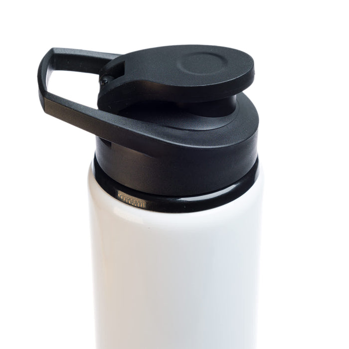 Amore 500ml Junior Bottle - Free Flow Lid - A drink bottle featuring a white body and a black free flow lid, designed for easy dispensing.