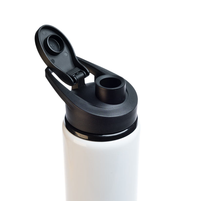 Amore 500ml Junior Bottle - Free Flow Lid - A drink bottle in white with a black free flow lid and a branding logo on the side.