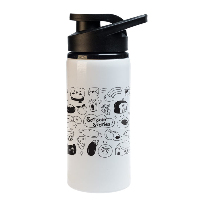Amore 500ml Junior Bottle - Free Flow Lid - A drink bottle featuring a white body with black illustrations and a black free flow lid.