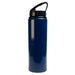 The Hustle Pack - A drink bottle in a deep blue color features a flip straw lid and a black handle. It has a branding logo.