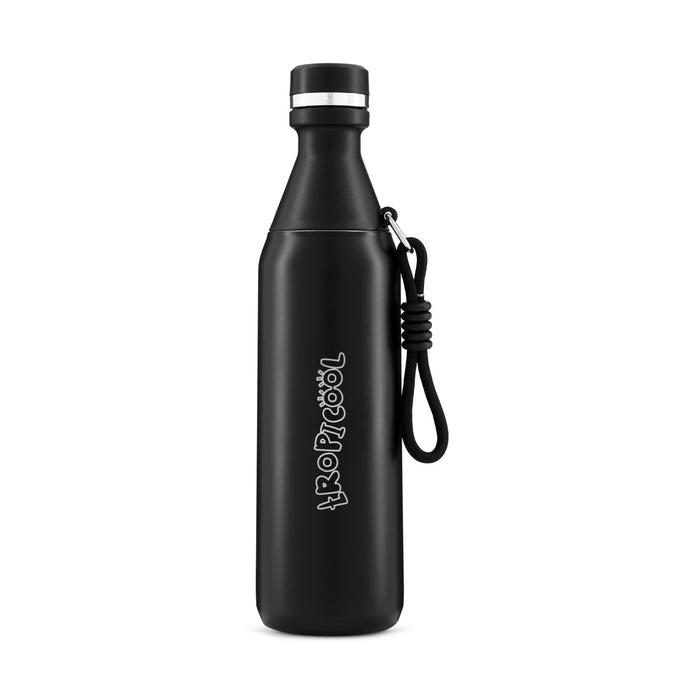 Sabrina Bottle - A drink bottle in matte black with a silver lid and a logo on the side, featuring a handy carry strap.
