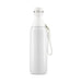 Sabrina Bottle - A drink bottle in white with a silver cap and a strap. It features a simple, sleek design and a logo.