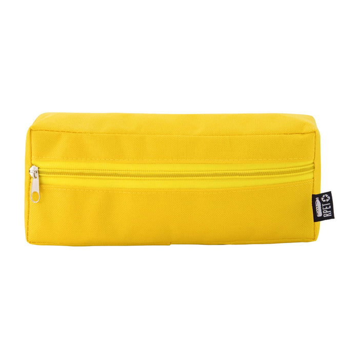 Tech Pack Charge - A yellow utility case with a zippered compartment and a branding label on one side.