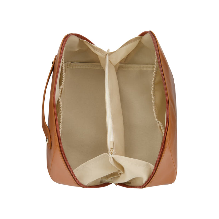 The Polished Traveller - A tan toiletry bag with a zip closure featuring a cream interior and two compartments for organizing essentials.