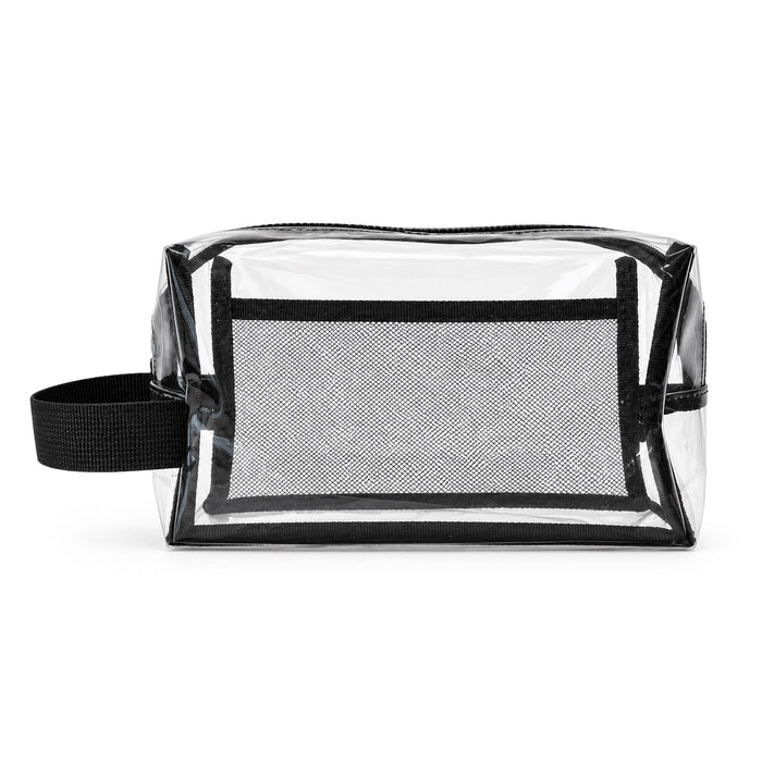 Laynie Clear Cosmetic Bag - A clear cosmetic bag with a black mesh panel and a black handle. It features a zip closure and a simple design.