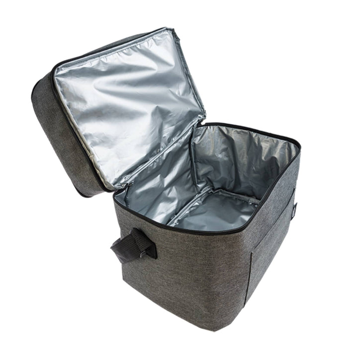 The Good Things - A grey cooler bag with an open lid, featuring a silver insulated interior and a side handle.