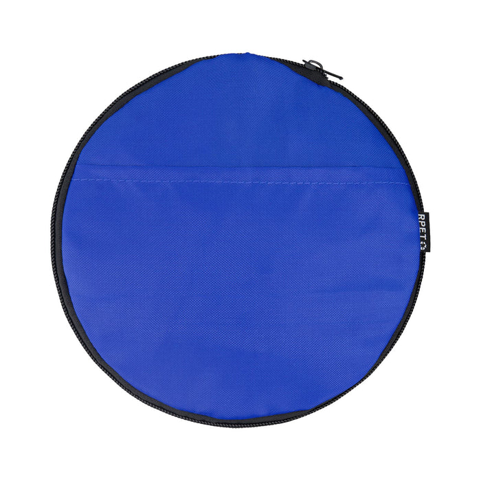 The Game Day Pack - A round blue duffle bag with a black zip and a logo on the side.