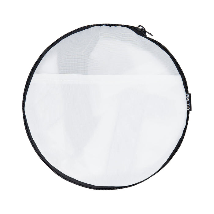 The Hustle Pack - A round, mesh bag with a black zipper and trim, featuring a transparent white exterior.