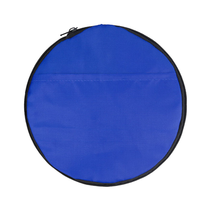 The Hustle Pack - A round blue duffle bag with a zip closure, featuring a black trim and no visible branding.