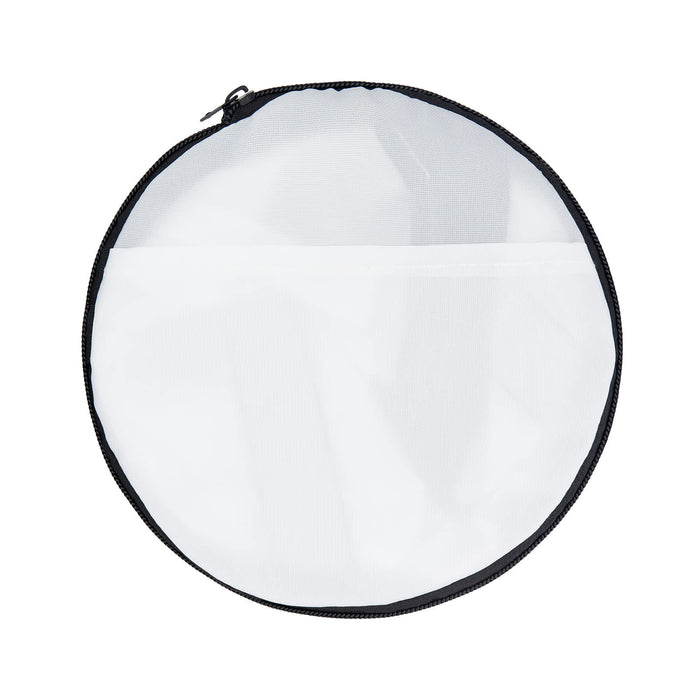 The Escape Pack - A round, zippered bag in black and white mesh, featuring a transparent top and a pocket on the front.