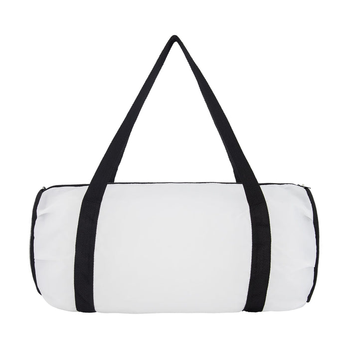 The Hustle Pack - A white duffle bag with black straps and a zip closure, featuring a logo on the side.