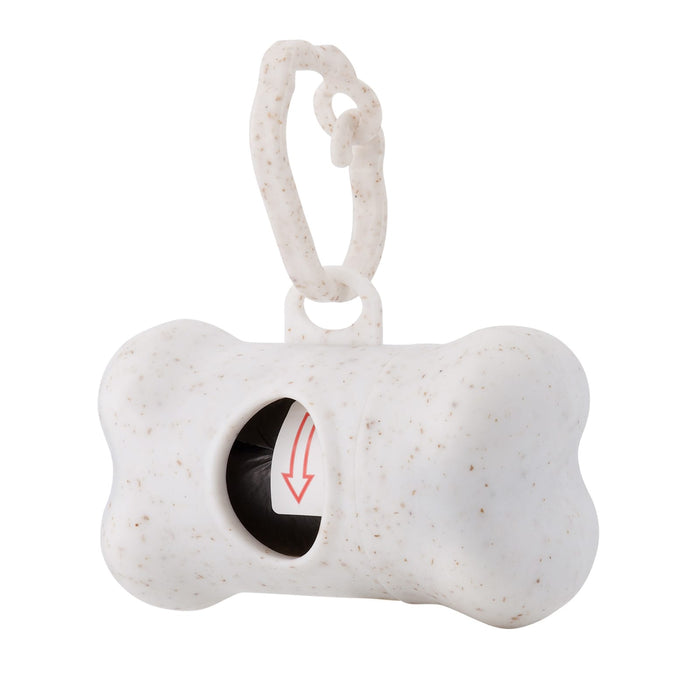 The Walkies Pack - A white bone-shaped dog waste bag dispenser with a black opening and a clip for attachment. Includes a logo.