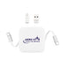 The Polished Traveller - A charging device in white with a retractable cable and USB connectors, featuring a logo.
