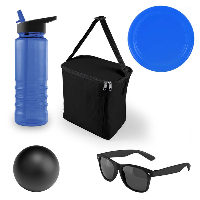 Bondi Beach Pack - A blue drink bottle, a black cooler bag, a black ball, a blue plate, and black sunglasses. The bag has a logo.