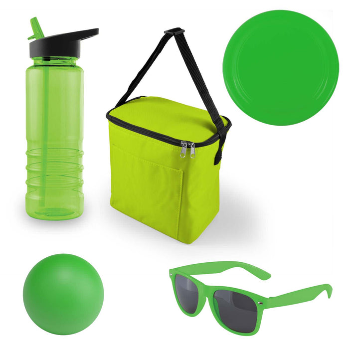 Bondi Beach Pack - A drink bottle, a cooler bag, a frisbee, a ball, and sunglasses, all in vibrant green.