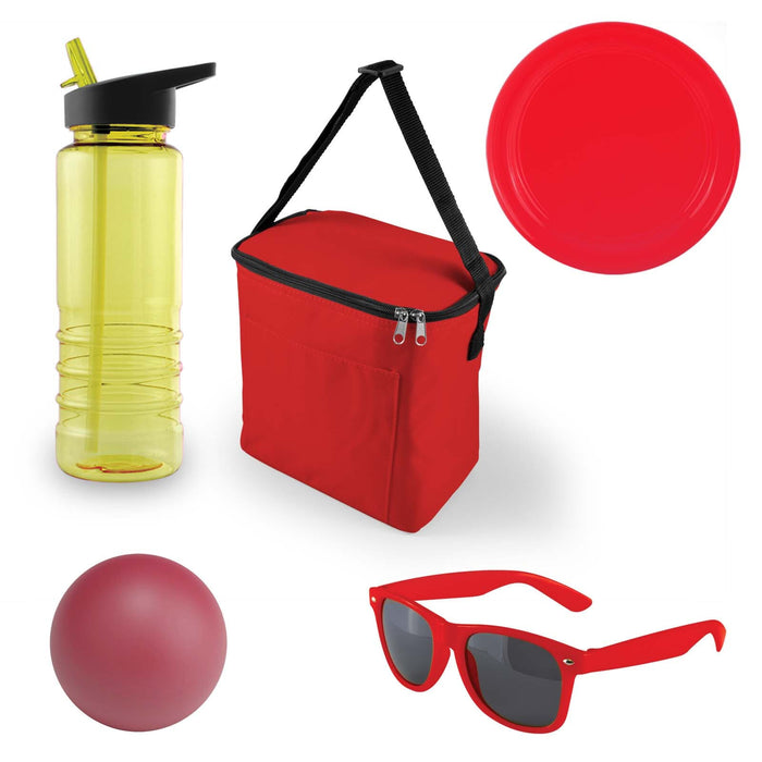 Bondi Beach Pack - A red cooler bag, yellow drink bottle, red plate, red ball, and red sunglasses arranged together.