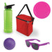 Bondi Beach Pack - A green drink bottle, red cooler bag, purple ball, pink plate, and purple sunglasses.