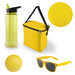 Bondi Beach Pack - A drink bottle, a yellow cooler bag, a frisbee, a yellow ball, and yellow sunglasses are arranged together.