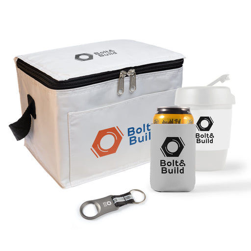 Tradie Pack - A white cooler bag with a logo, a drink can with a sleeve, and a cup, accompanied by a bottle opener.