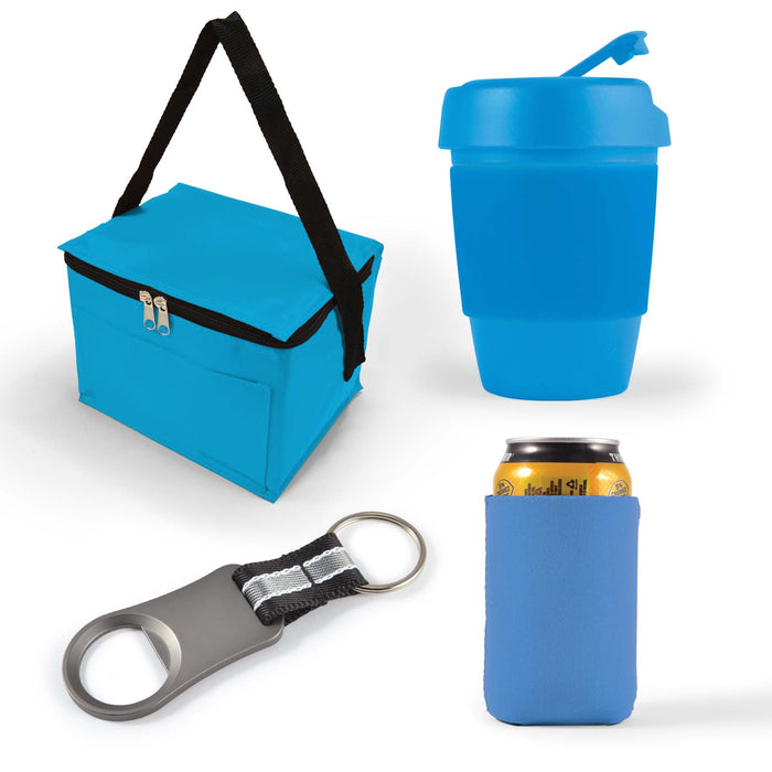 Tradie Pack - A blue cooler bag, a blue drink bottle, a can cooler, and a bottle opener with a keyring. The items have branding elements.