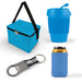 Tradie Pack - A blue cooler bag, a blue drink bottle, a can cooler, and a bottle opener with a keyring. The items have branding elements.