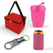 Tradie Pack - A cooler bag in red, a pink drink cup with a lid, a silver bottle opener, and a pink can cooler.