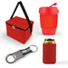 Tradie Pack - A red cooler bag, a red drink cup with a lid, a silver bottle opener, and a red can cooler.