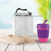 Picnic Pack - A picnic set featuring a white bag, a transparent drink bottle, a purple cup with a pink base, and beige utensils and containers.