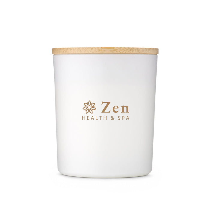 The Host Edit - A white candle jar with a wooden lid, featuring a logo and branding for "Zen Health & Spa."