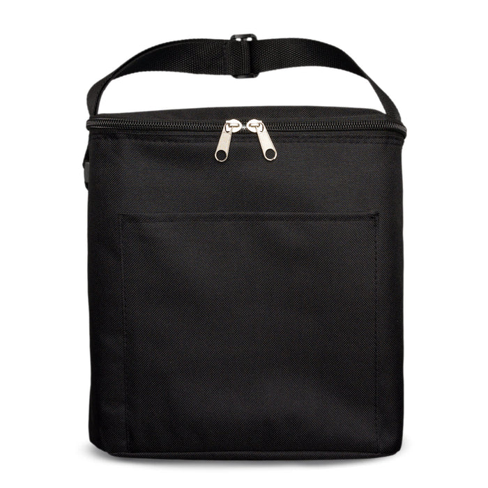 The Brew & Bite - A black insulated cooler bag with a zippered top and a front pocket. It has an adjustable strap for easy carrying.