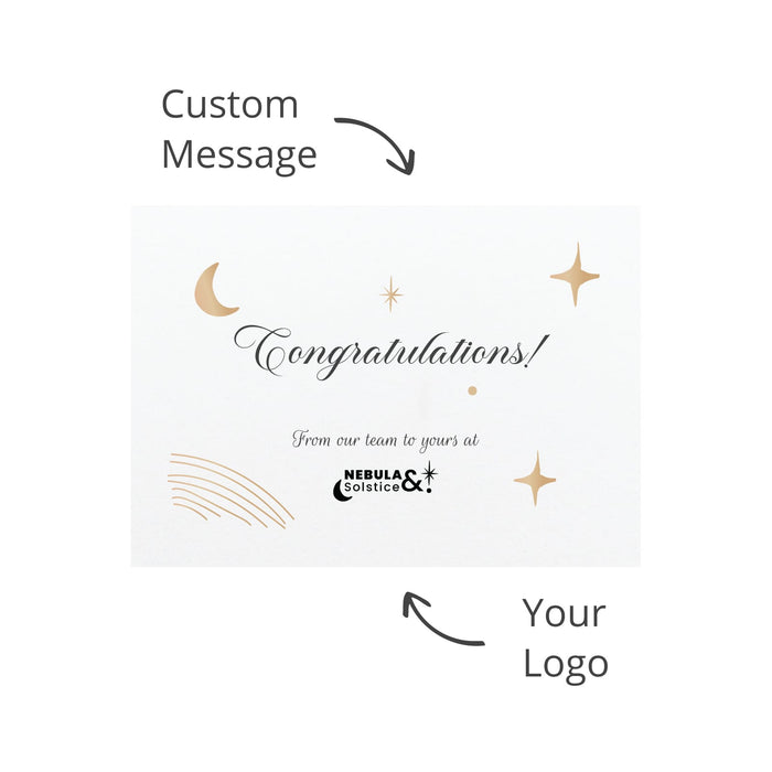 The Carry-On Graze - A white card featuring gold stars and text with a logo at the bottom, designed for custom messages and congratulations.